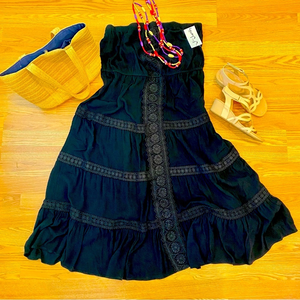 Justify strapless tiered black cotton midi dress NWT